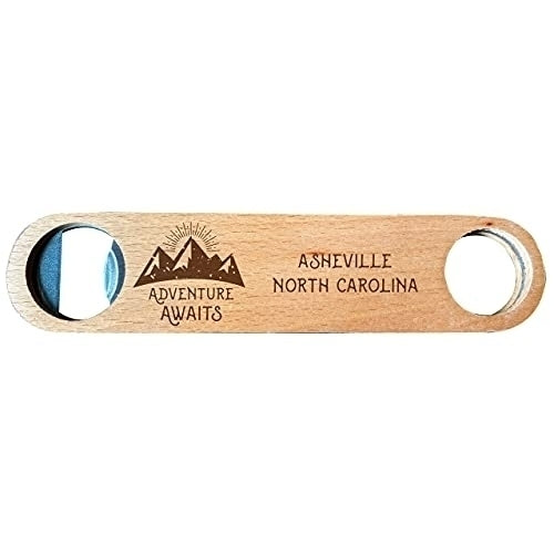 Asheville North Carolina Laser Engraved Wooden Bottle Opener Adventure Awaits Design Image 1