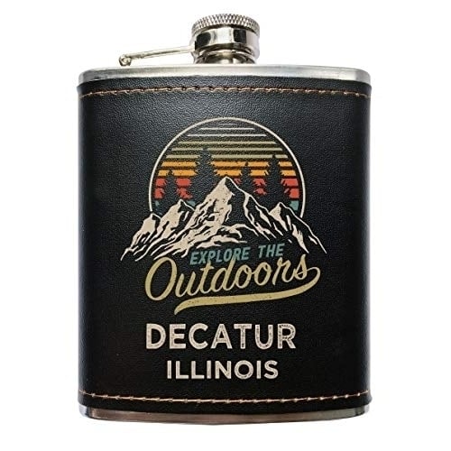 Decatur Illinois Black Leather Wrapped Flask Image 1