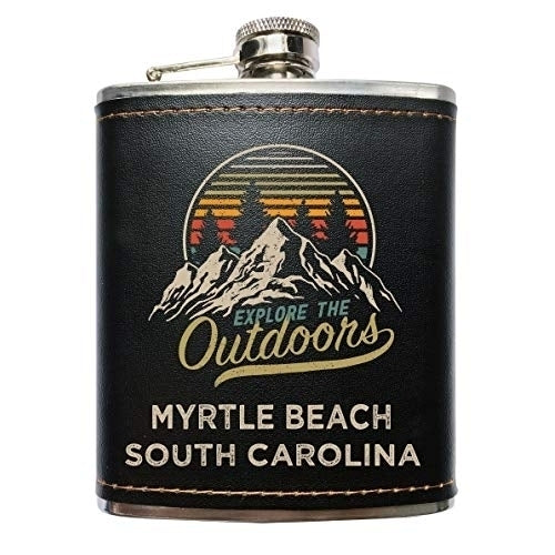 Myrtle Beach South Carolina Explore the Outdoors Souvenir Black Leather Wrapped Stainless Steel 7 oz Flask Image 1