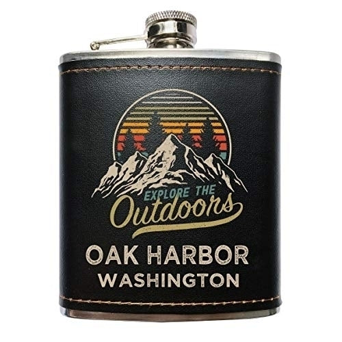 Oak Harbor Washington Black Leather Wrapped Flask Image 1
