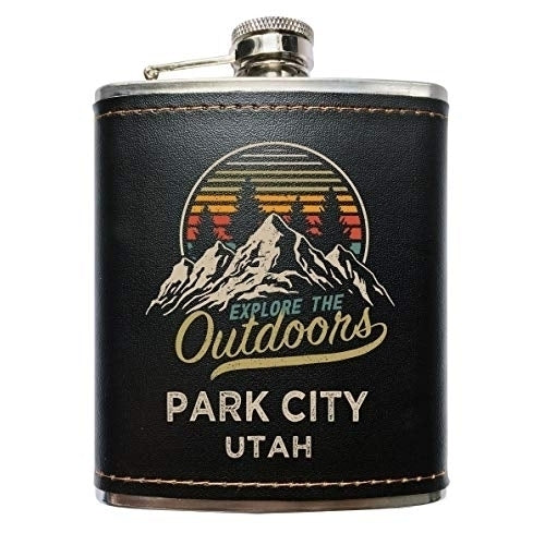 Park City Utah Explore the Outdoors Souvenir Black Leather Wrapped Stainless Steel 7 oz Flask Image 1