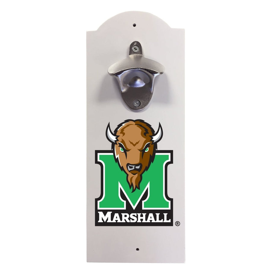 Marshall Thundering Herd Wall-Mounted Bottle Opener  Sturdy Metal with Decorative Wood Base for Home BarsRec Rooms and Image 1