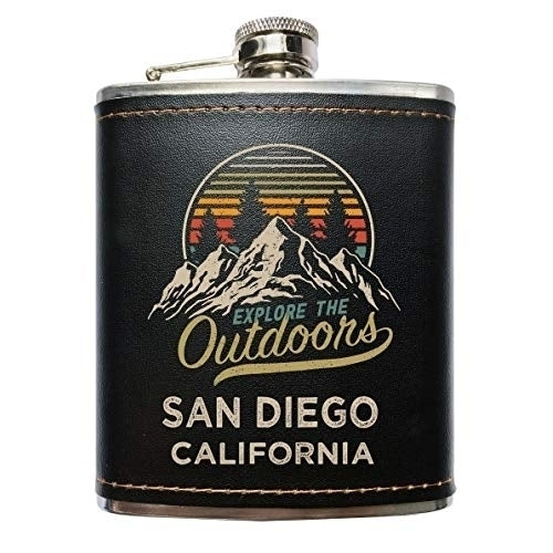 San Diego California Explore the Outdoors Souvenir Black Leather Wrapped Stainless Steel 7 oz Flask Image 1