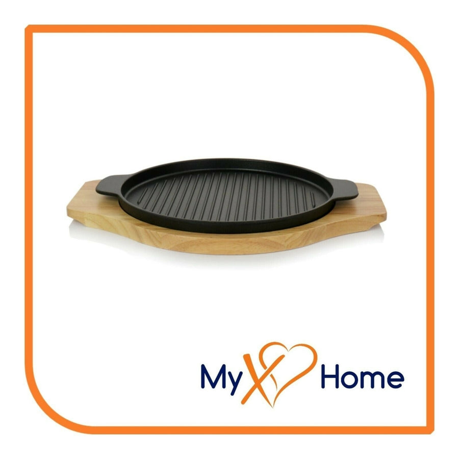10" Round Cast Iron Grill Skillet with Handles and Wooden Base by MyXOHome Image 1
