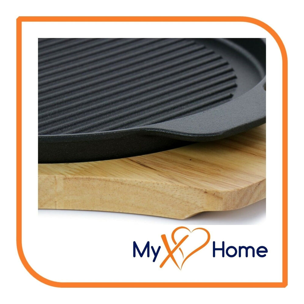 10" Round Cast Iron Grill Skillet with Handles and Wooden Base by MyXOHome Image 2
