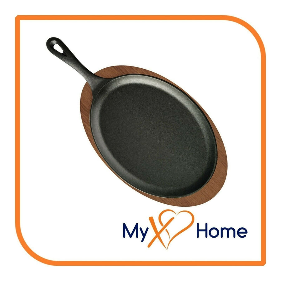 9" x 7" Oval Cast Iron Fajita Skillet with Handle and Wooden Base by MyXOHome Image 1