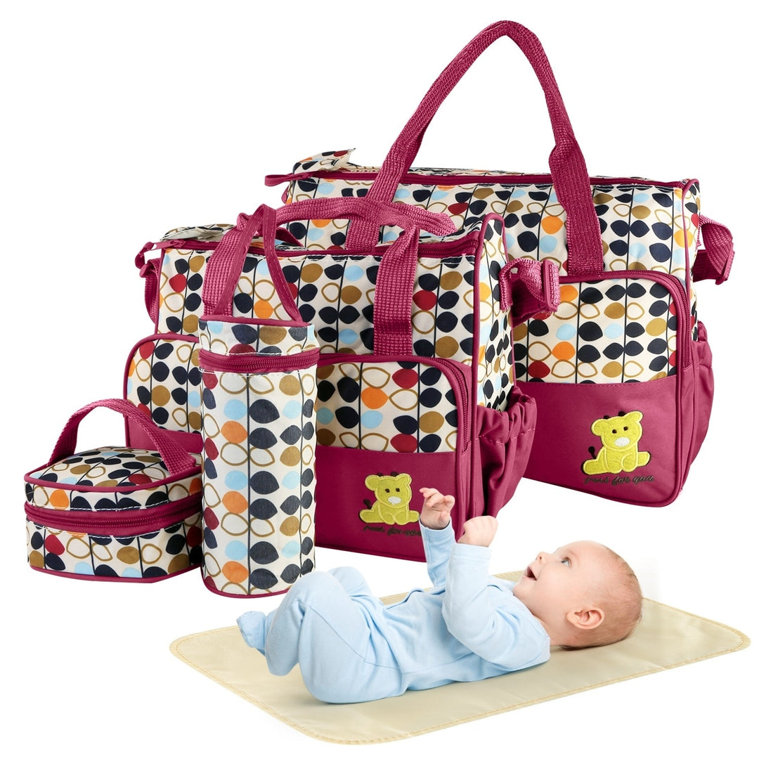 5PCS Baby Nappy Diaper Bags Set Mummy Diaper Shoulder Bags with Nappy Changing Pad Insulated Pockets Image 1