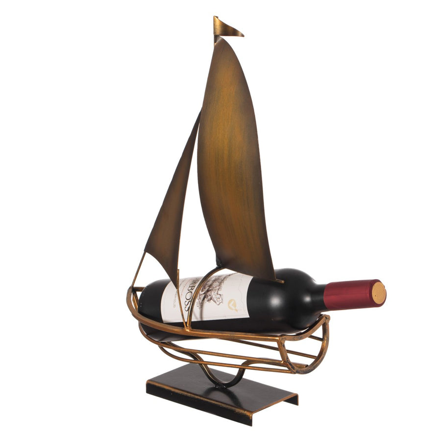 Decorative Bronze Metal Vintage Single Bottle Abstract Boat Wine Holder for Tabletop or Countertop Image 1
