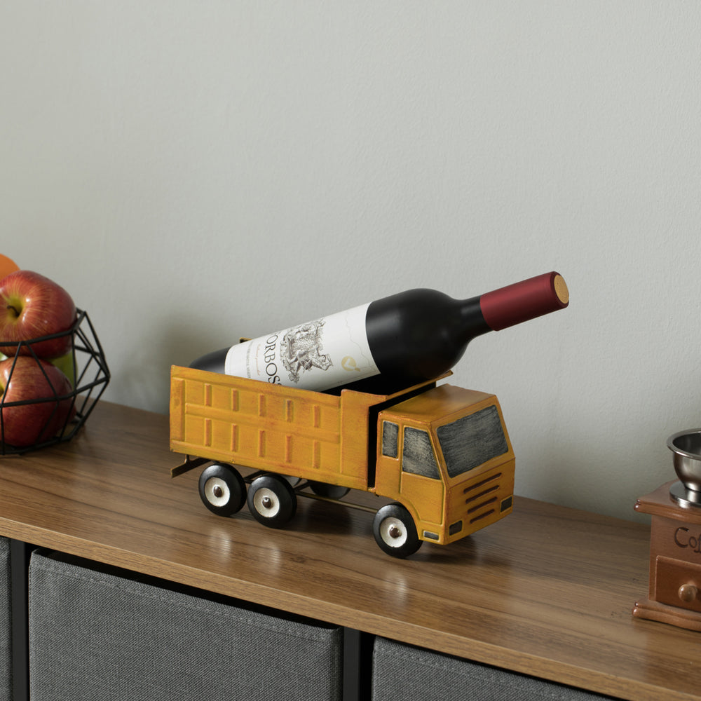 Decorative Rustic Metal Yellow Single Bottle Truck Wine Holder for Tabletop or Countertop Image 2