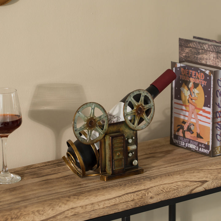 Decorative Bronze Metal Vintage Single Bottle Film Projector Wine Holder for Tabletop or Countertop Image 6
