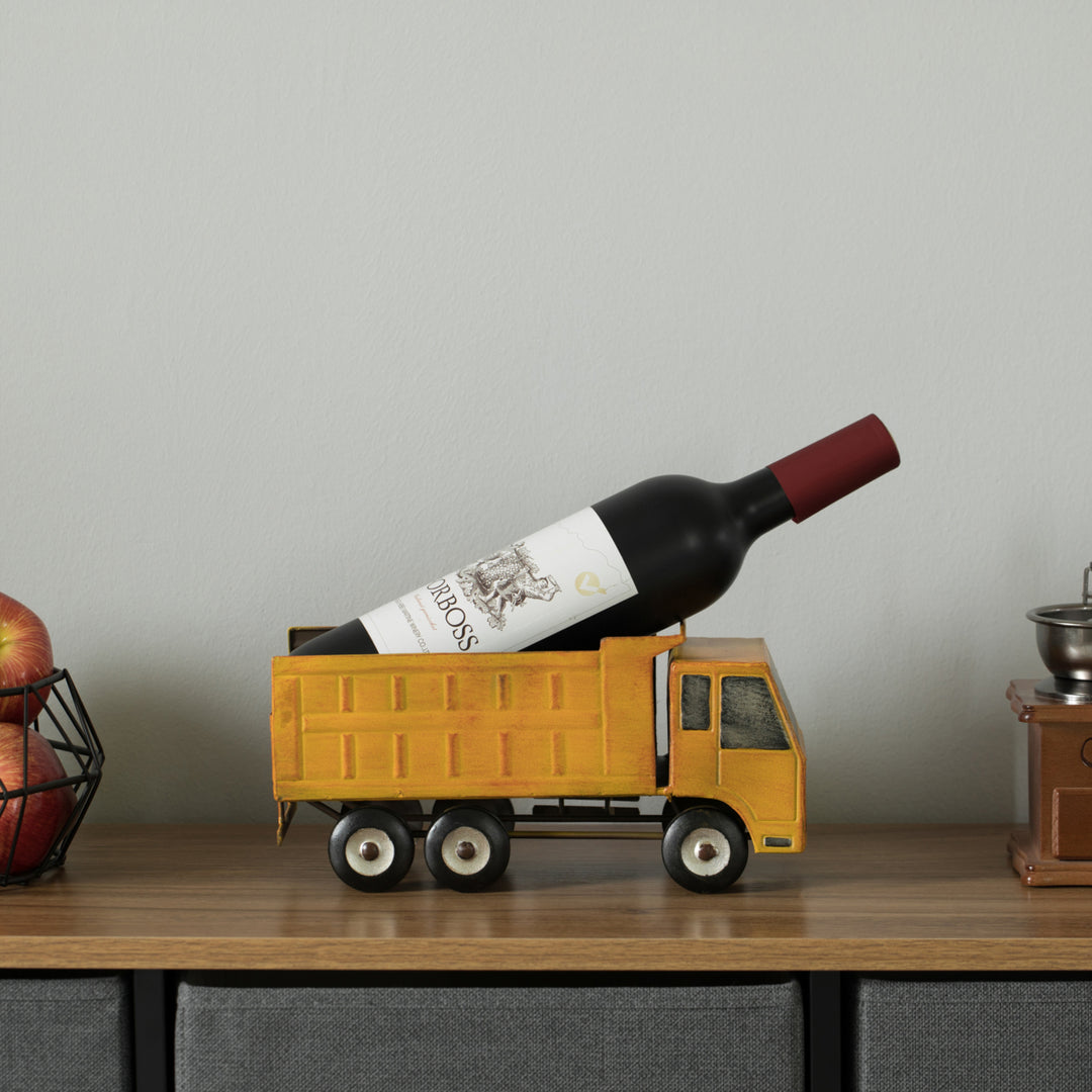 Decorative Rustic Metal Yellow Single Bottle Truck Wine Holder for Tabletop or Countertop Image 6