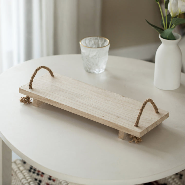Decorative Natural Wood Rectangular Tray Serving Board with Rope Handles Image 3