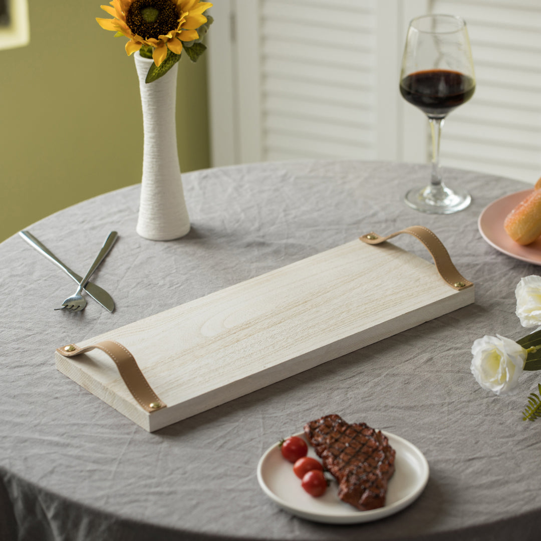 Decorative Natural Wooden Rectangular Tray Serving Board with Brown Leather Handles Image 3
