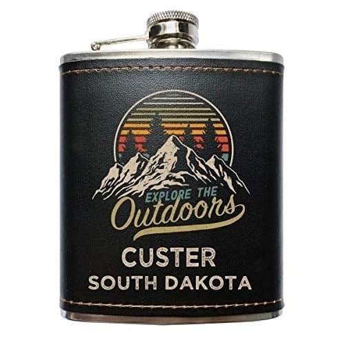Custer South Dakota Explore the Outdoors Souvenir Black Leather Wrapped Stainless Steel 7 oz Flask Image 1
