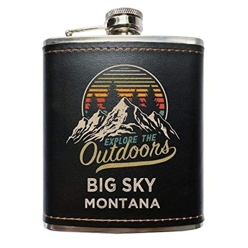 Big Sky Montana Explore the Outdoors Souvenir Black Leather Wrapped Stainless Steel 7 oz Flask Image 1