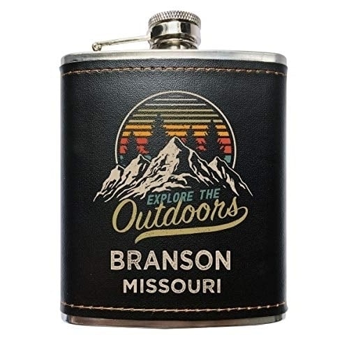 Branson Missouri Explore the Outdoors Souvenir Black Leather Wrapped Stainless Steel 7 oz Flask Image 1