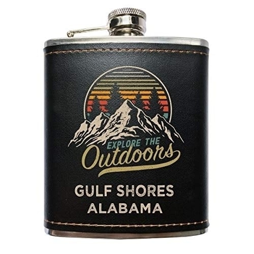 Gulf Shores Alabama Explore the Outdoors Souvenir Black Leather Wrapped Stainless Steel 7 oz Flask Image 1