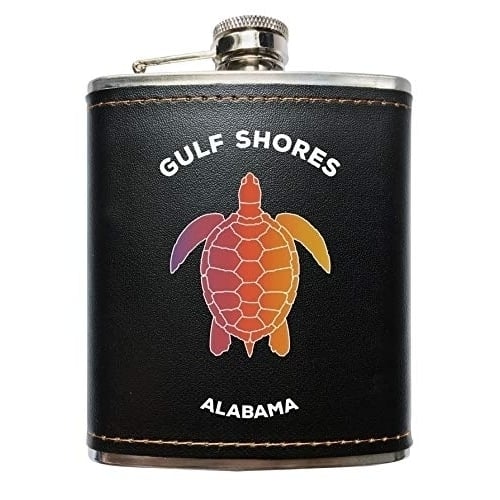 Gulf Shores Alabama Souvenir Black Leather Wrapped Stainless Steel 7 oz Flask Image 1