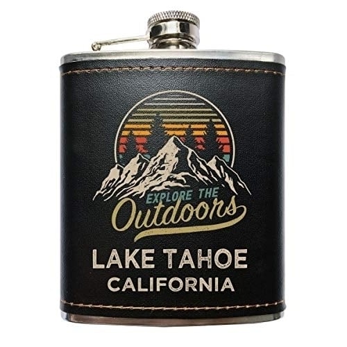 Lake Tahoe California Explore the Outdoors Souvenir Black Leather Wrapped Stainless Steel 7 oz Flask Image 1