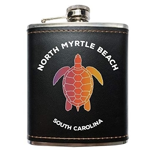North Myrtle Beach South Carolina Souvenir Black Leather Wrapped Stainless Steel 7 oz Flask Image 1