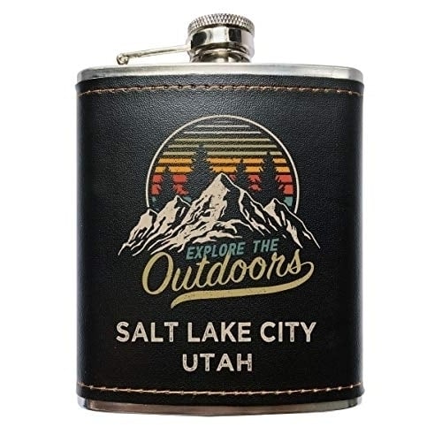Salt Lake City Utah Explore the Outdoors Souvenir Black Leather Wrapped Stainless Steel 7 oz Flask Image 1