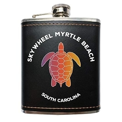 Skywheel Myrtle Beach South Carolina Souvenir Black Leather Wrapped Stainless Steel 7 oz Flask Image 1