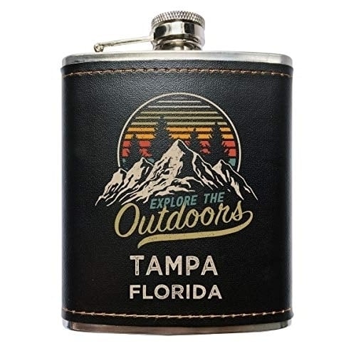 Tampa Florida Explore the Outdoors Souvenir Black Leather Wrapped Stainless Steel 7 oz Flask Image 1