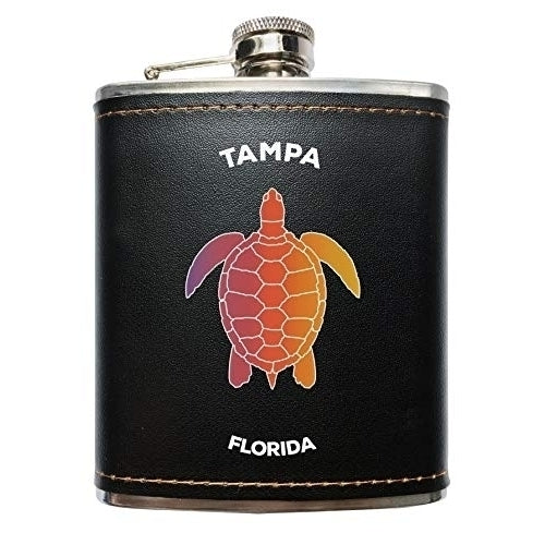 Tampa Florida Souvenir Black Leather Wrapped Stainless Steel 7 oz Flask Image 1