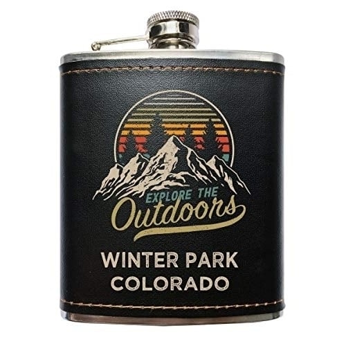 Winter Park Colorado Explore the Outdoors Souvenir Black Leather Wrapped Stainless Steel 7 oz Flask Image 1