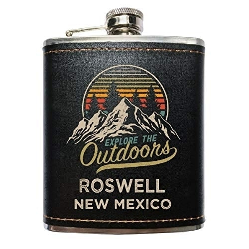 Roswell  Mexico Explore the Outdoors Souvenir Black Leather Wrapped Stainless Steel 7 oz Flask Image 1