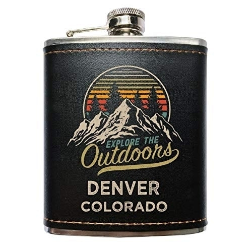 Denver Colorado Explore the Outdoors Souvenir Black Leather Wrapped Stainless Steel 7 oz Flask Image 1