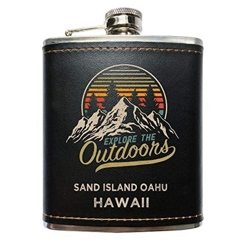 Sand Island Oahu Hawaii Explore the Outdoors Souvenir Black Leather Wrapped Stainless Steel 7 oz Flask Image 1