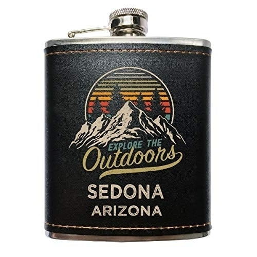 Sedona Arizona Explore the Outdoors Souvenir Black Leather Wrapped Stainless Steel 7 oz Flask Image 1