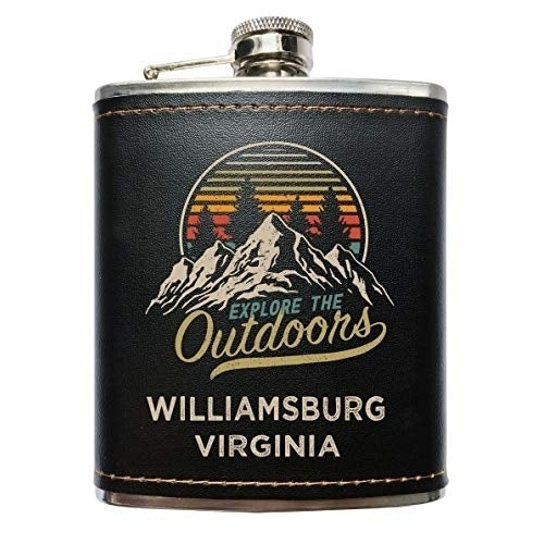 Williamsburg Virginia Explore the Outdoors Souvenir Black Leather Wrapped Stainless Steel 7 oz Flask Image 1