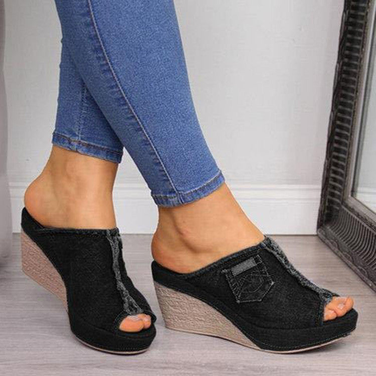 Women Slip-on Peep Toe Wedge Canvas Sandals Image 3