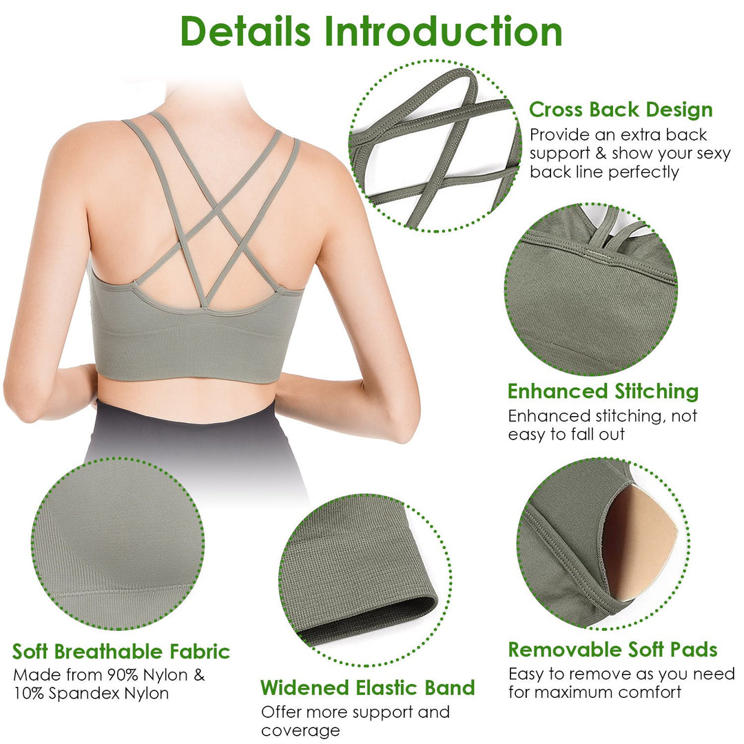 3Packs Women Cross Back Sport Bras Padded Strappy Medium Support Bras Sexy Fitness Tank Tops with Removable Pads Image 3