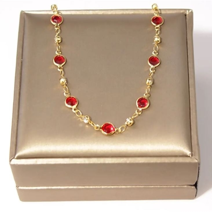 18K GOLD PLATED HIGH POLISH FINISH RED CRYSTAL ANKLET Image 2
