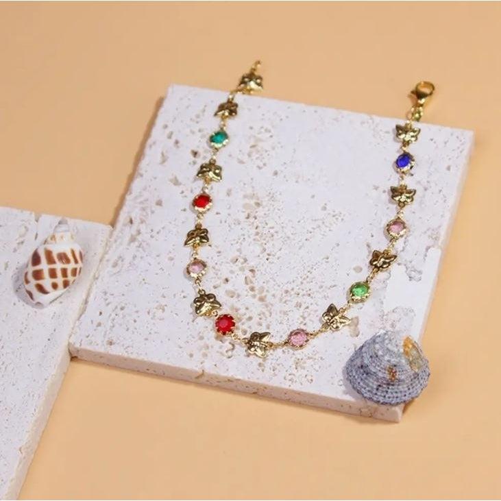 Gold Butterfly with Multi Color Crystal Stone Ankle Bracelet Image 2