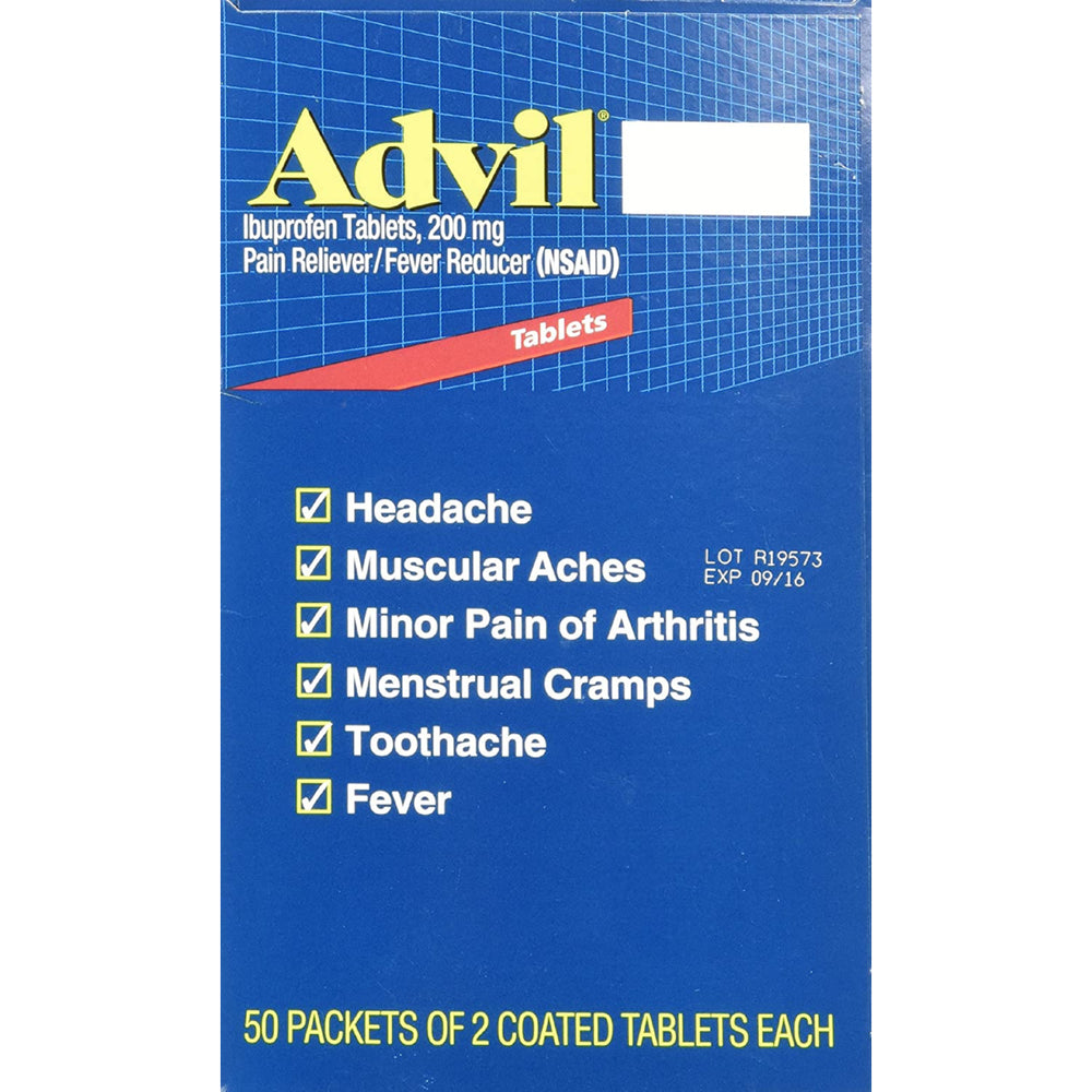 Advil Tablets Pain Reliever 50 Packets of 2 Tablets (200mg each) Image 2