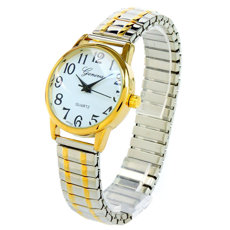 2Tone Medium Size Face Easy to Read Geneva Stretch Band Watch Image 1