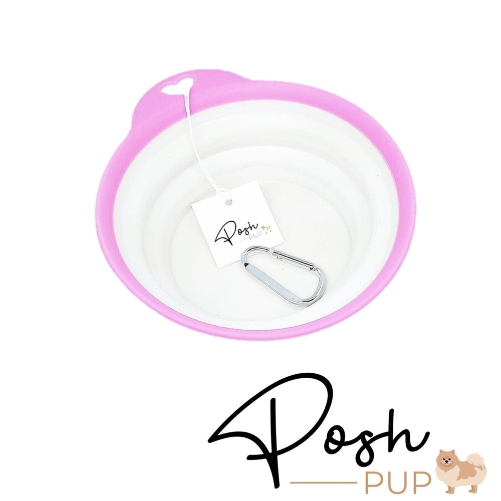 4.5" White with Pink Rim Silicone Portable Foldable Collapsible Pet Bowl Image 2