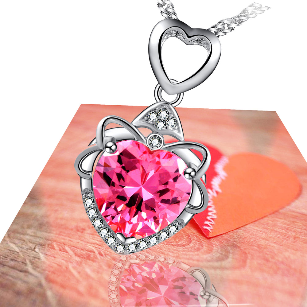 14k White Gold Plated Love Heart Cubic Zirconia Princess Pendant Necklace Image 2
