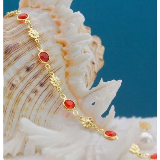 High Polish Finish Red Crystal Flower Ankle Bracelet Image 1