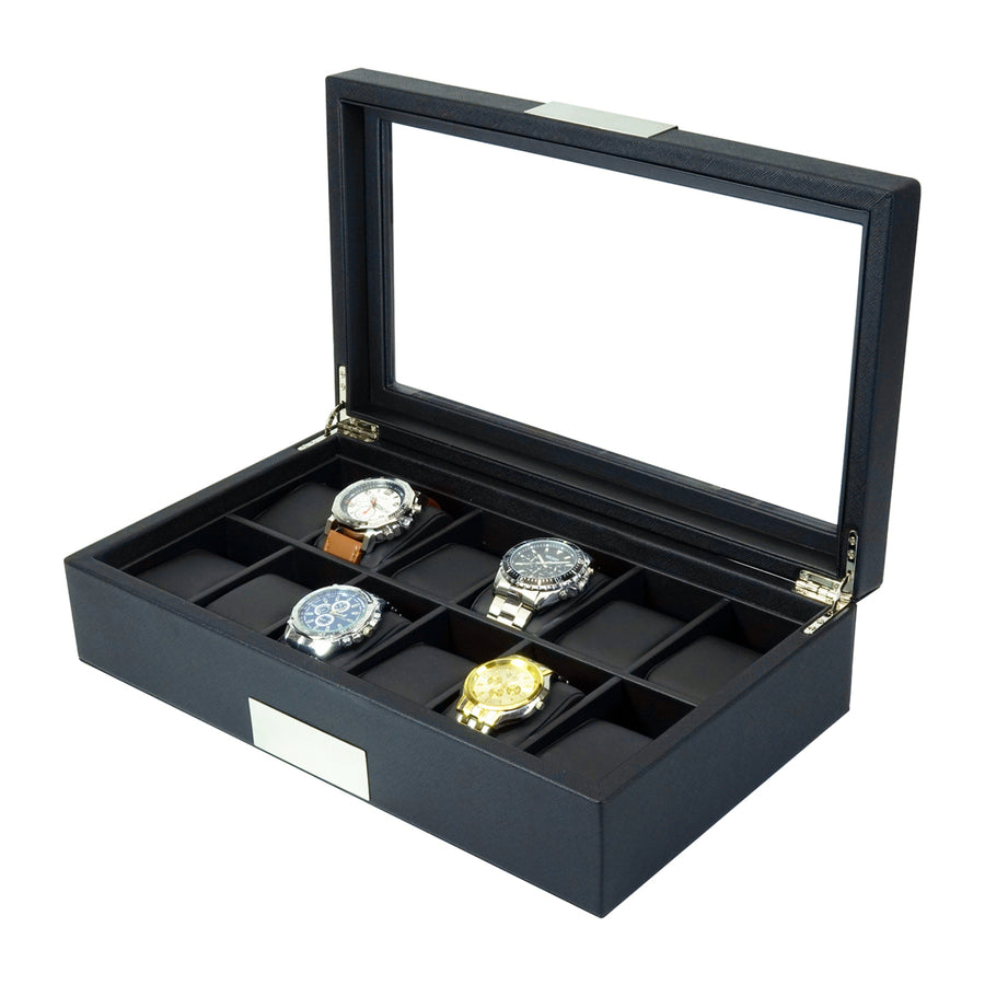 12 Slots MDF and PU Leather Watch Display Case Glass Top Jewelry Collection Storage Box Organizer Men and Women Image 1