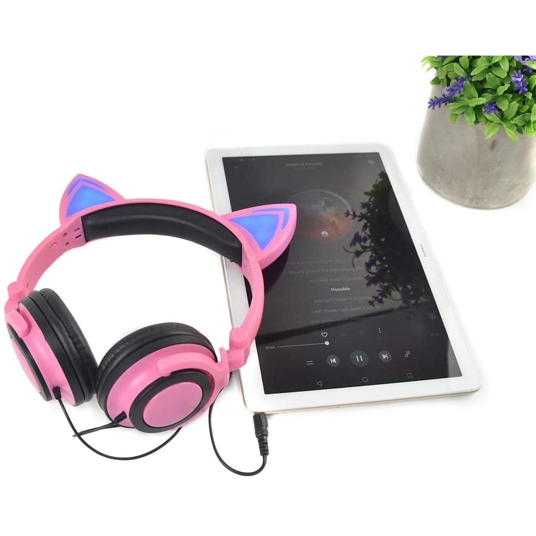 navor Cat Ear Wired Kids Foldable Earphones with LED Flashing Light Compatible with Cell Phone Laptop Computer iPad PC Image 3