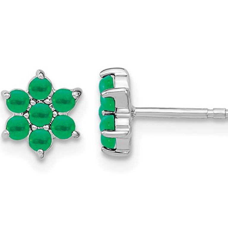 1.20 Carat (ctw) Emerald Flower Button Earrings in 14K White Gold Image 1
