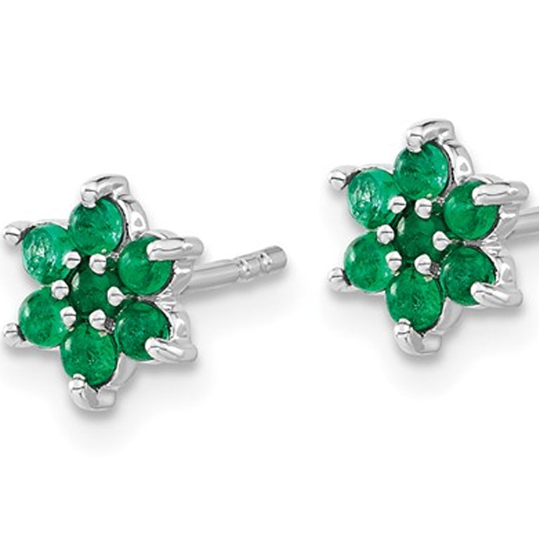1.20 Carat (ctw) Emerald Flower Button Earrings in 14K White Gold Image 2