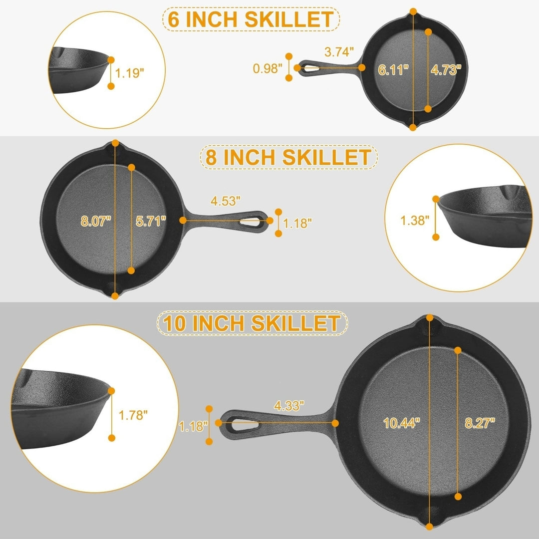 3Pcs Pre-Seasoned Cast Iron Skillet Set 6 8 10in Non-Stick Oven Safe Cookware Heat-Resistant Frying Pan Image 6