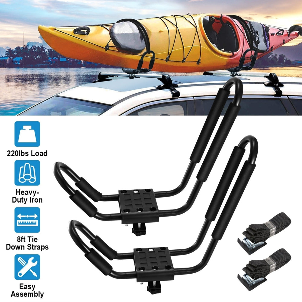 1 Pair Universal J-Bar Kayak Carrier 220LBS Load Heavy Duty Canoe Car Top Mount Carrier Roof Rack with 2Pcs Tie Down Image 2