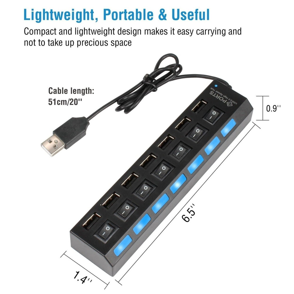 7 Port USB 2.0 Hub High Speed Multiport USB Hub with Individual Switches and LEDs Image 2